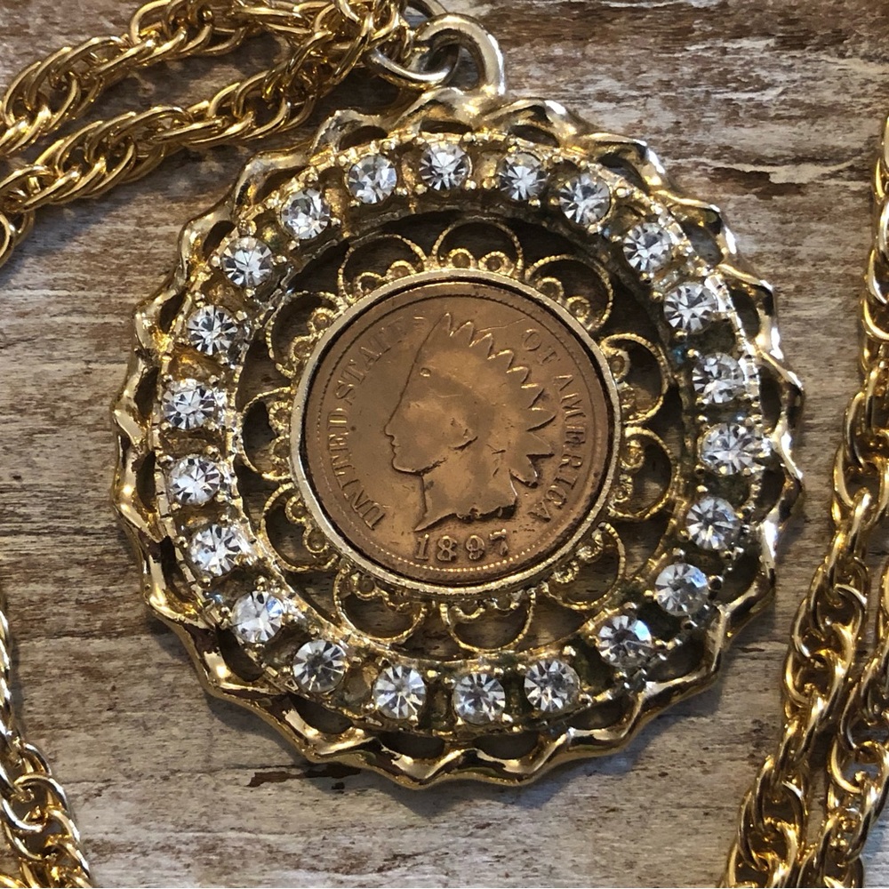 1897 Indian Head Penny Pendant Necklace With Rhinestones